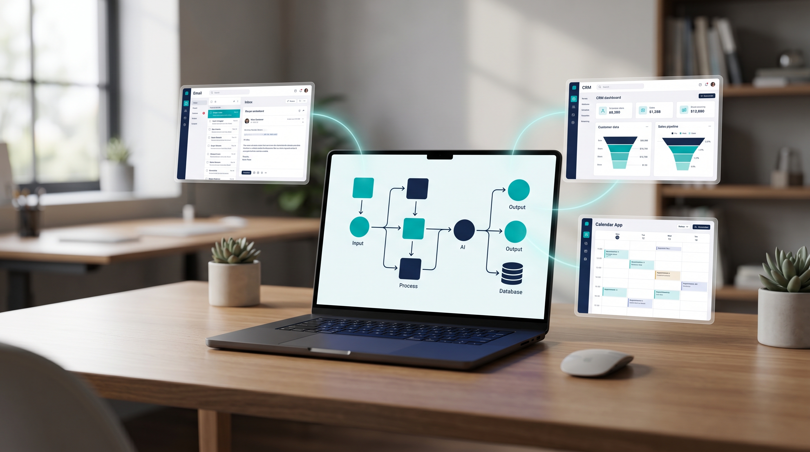 Schéma simplifié d'un agent IA qui orchestre courriels, CRM et tâches pour une PME québécoise.